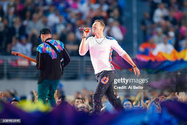 Chris Martin of Coldplay performs during the Pepsi Super Bowl 50 Halftime Show at Levi's Stadium on February 7, 2016 in Santa Clara, California.