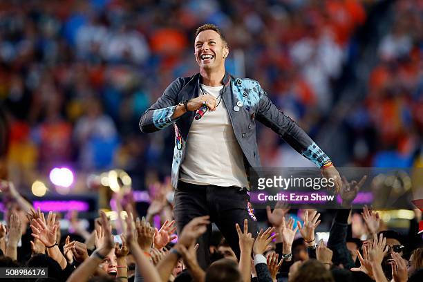 Chris Martin of Coldplay performs during the Pepsi Super Bowl 50 Halftime Show at Levi's Stadium on February 7, 2016 in Santa Clara, California.