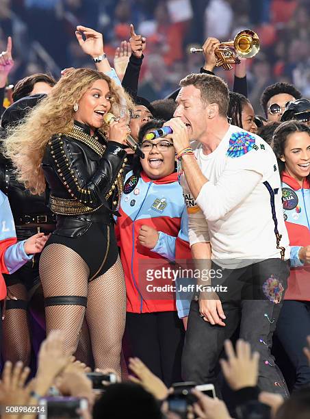 Beyonce and Chris Martin of Coldplay perform onstage during the Pepsi Super Bowl 50 Halftime Show at Levi's Stadium on February 7, 2016 in Santa...