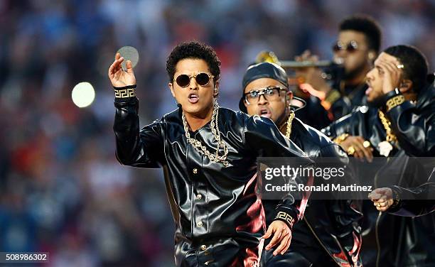 Bruno Mars performs during the Pepsi Super Bowl 50 Halftime Show at Levi's Stadium on February 7, 2016 in Santa Clara, California.