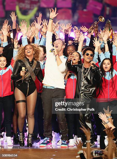 Beyonce, Chris Martin of Coldplay and Bruno Mars perform onstage during the Pepsi Super Bowl 50 Halftime Show at Levi's Stadium on February 7, 2016...