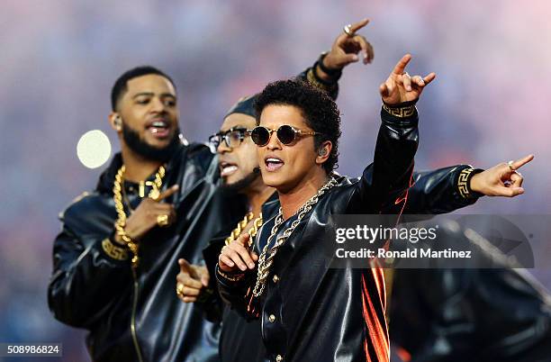 Bruno Mars performs during the Pepsi Super Bowl 50 Halftime Show at Levi's Stadium on February 7, 2016 in Santa Clara, California.