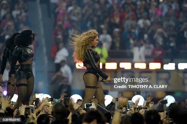 Beyonce performs during Super Bowl 50 between the Carolina Panthers and the Denver Broncos at Levi's Stadium in Santa Clara, California, on February...