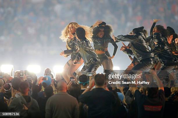 Beyonce and Bruno Mars perform during the Pepsi Super Bowl 50 Halftime Show at Levi's Stadium on February 7, 2016 in Santa Clara, California.