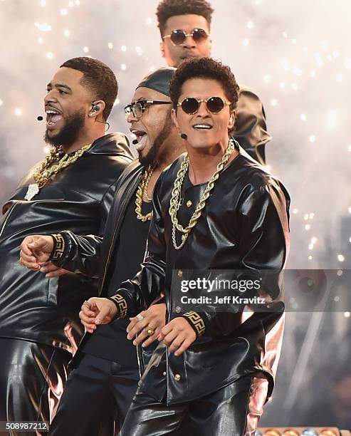Bruno Mars performs onstage during the Pepsi Super Bowl 50 Halftime Show at Levi's Stadium on February 7, 2016 in Santa Clara, California.