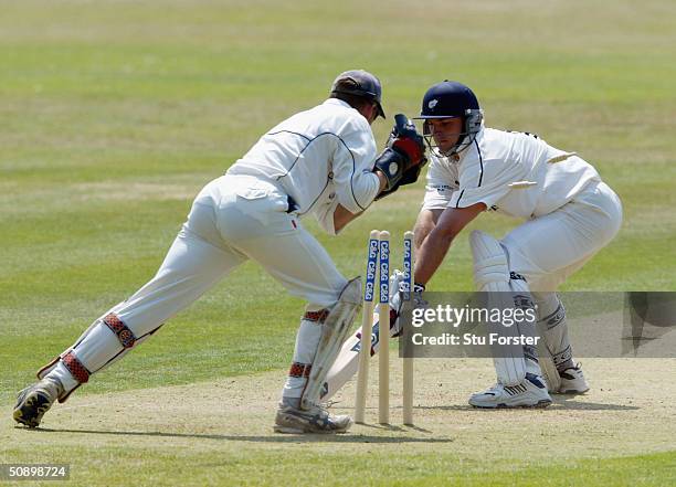 Yorkshire batsman Michael Lumb is stumped for 76 runs by wicketkeeper Mole during the Cheltenham and Gloucester Game between Devon and Yorkshire at...