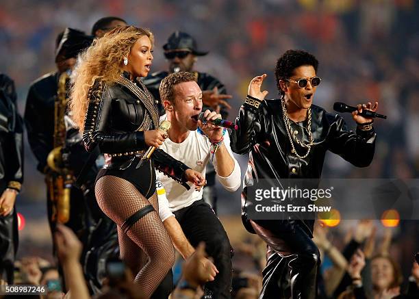 Beyonce, Chris Martin of Coldplay and Bruno Mars perform during the Pepsi Super Bowl 50 Halftime Show at Levi's Stadium on February 7, 2016 in Santa...