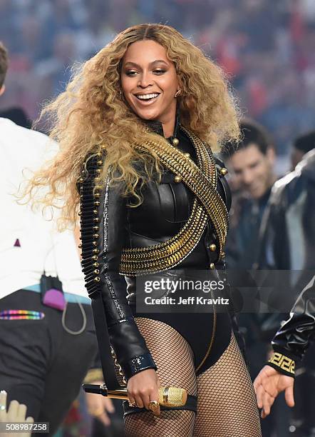 Beyonce performs onstage during the Pepsi Super Bowl 50 Halftime Show at Levi's Stadium on February 7, 2016 in Santa Clara, California.