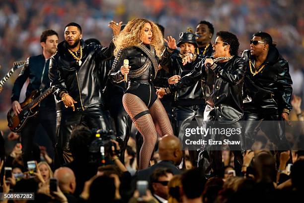 Beyonce and Bruno Mars perform during the Pepsi Super Bowl 50 Halftime Show at Levi's Stadium on February 7, 2016 in Santa Clara, California.