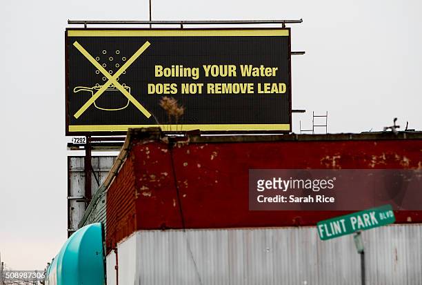 Sign tells Flint residents that boiling water doesn't remove lead on February 7, 2016 in Flint, Michigan. Months ago the city told citizens they...