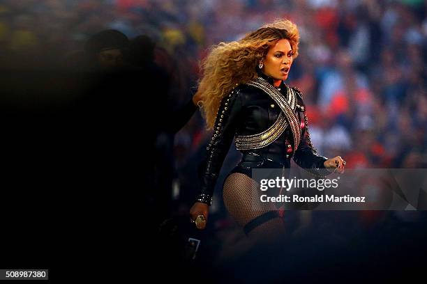 Beyonce performs during the Pepsi Super Bowl 50 Halftime Show at Levi's Stadium on February 7, 2016 in Santa Clara, California.