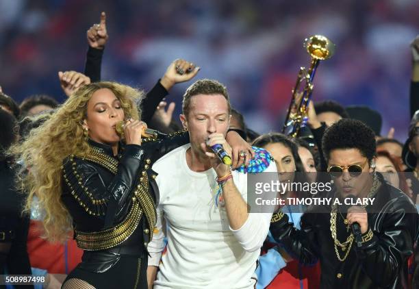 Beyonce, Chris Martin and Bruno Mars perform during Super Bowl 50 between the Carolina Panthers and the Denver Broncos at Levi's Stadium in Santa...