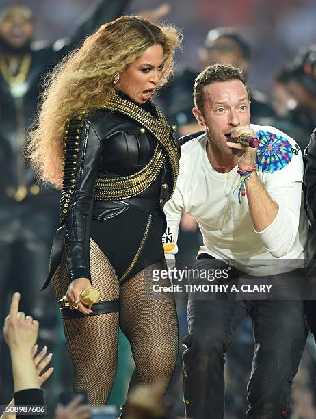 Beyonce and Chris Martin perform during Super Bowl 50 between the Carolina Panthers and the Denver Broncos at Levi's Stadium in Santa Clara,...