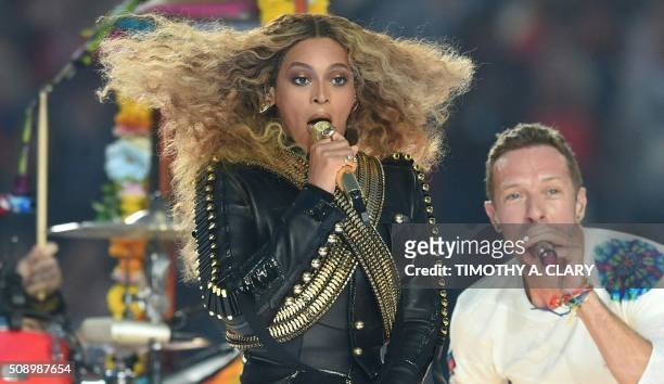 Beyonce and Chris Martin perform during Super Bowl 50 between the Carolina Panthers and the Denver Broncos at Levi's Stadium in Santa Clara,...