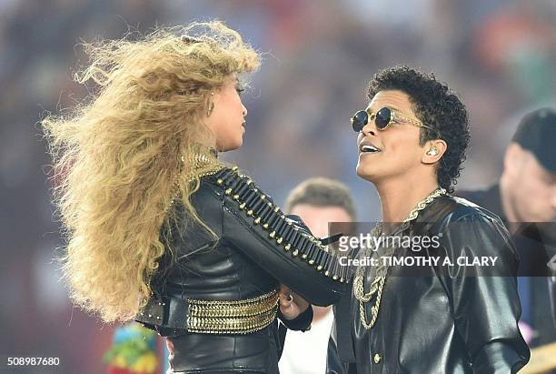 Beyonce and Bruno Mars perform during Super Bowl 50 between the Carolina Panthers and the Denver Broncos at Levi's Stadium in Santa Clara,...