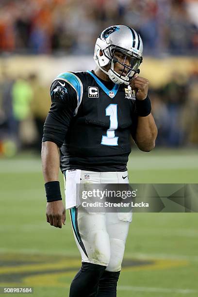 Cam Newton of the Carolina Panthers reacts during Super Bowl 50 against the Denver Broncos at Levi's Stadium on February 7, 2016 in Santa Clara,...