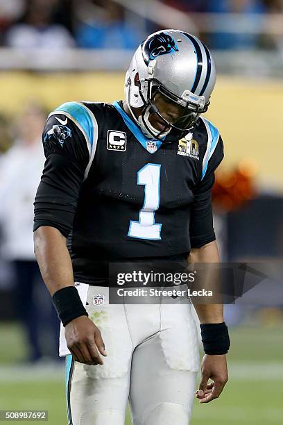 Cam Newton of the Carolina Panthers reacts during Super Bowl 50 against the Denver Broncos at Levi's Stadium on February 7, 2016 in Santa Clara,...