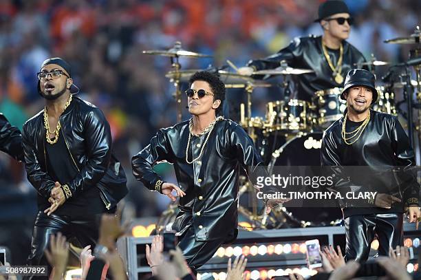 Bruno Mars performs during Super Bowl 50 between the Carolina Panthers and the Denver Broncos at Levi's Stadium in Santa Clara, California February...