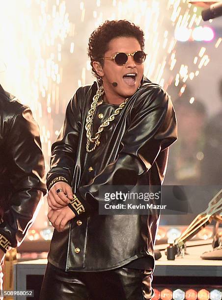 Bruno Mars performs onstage during the Pepsi Super Bowl 50 Halftime Show at Levi's Stadium on February 7, 2016 in Santa Clara, California.