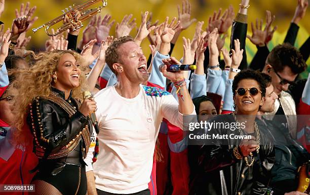 Beyonce, Chris Martin of Coldplay and Bruno Mars perform onstage during the Pepsi Super Bowl 50 Halftime Show at Levi's Stadium on February 7, 2016...