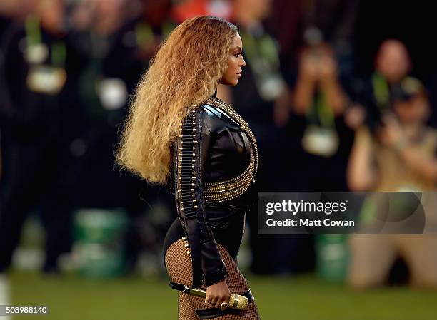 Beyonce performs onstage during the Pepsi Super Bowl 50 Halftime Show at Levi's Stadium on February 7, 2016 in Santa Clara, California.