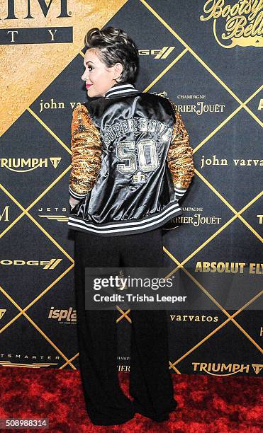 Actress Alyssa Milano arrives at Maxim Magazine And Bootsy Bellows Super Bowl Party 2016 at Treasure Island on February 6, 2016 in San Francisco,...