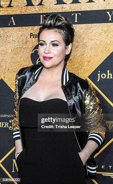 Actress Alyssa Milano arrives at Maxim Magazine And Bootsy Bellows Super Bowl Party 2016 at Treasure Island on February 6, 2016 in San Francisco,...