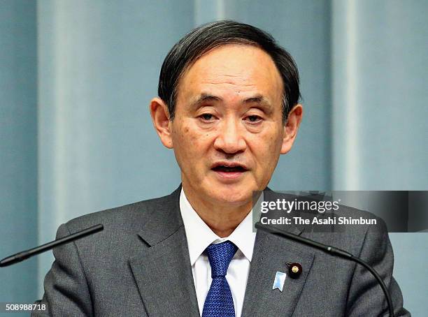 Japanese Chief Cabinet Secretary Yoshihide Suga speaks during the news conference held following North Korea's rocke launch at the Prime Minister's...