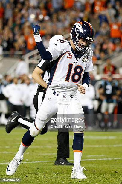 Peyton Manning of the Denver Broncos reacts after a touchdown against the Carolina Panthers during Super Bowl 50 at Levi's Stadium on February 7,...