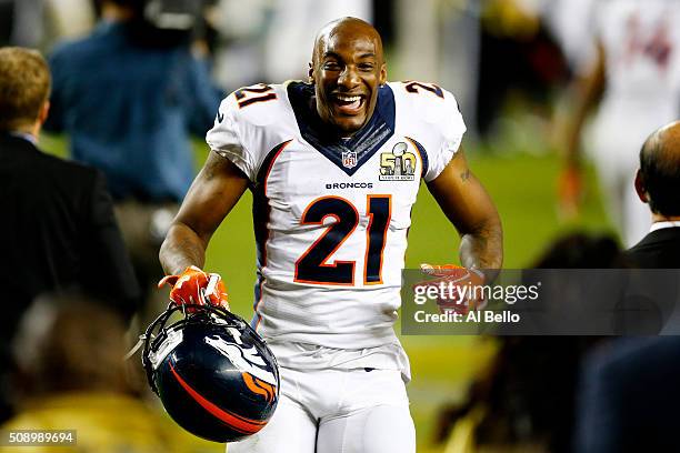 Aqib Talib of the Denver Broncos celebrates after defeating the Carolina Panthers during Super Bowl 50 at Levi's Stadium on February 7, 2016 in Santa...