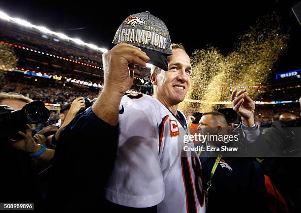 Peyton Manning of the Denver Broncos celebrates after defeating the Carolina Panthers during Super Bowl 50 at Levi's Stadium on February 7, 2016 in...