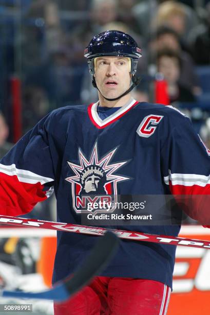 Center Mark Messier of the New York Rangers is on the ice during the game against the Buffalo Sabres at HSBC Arena on January 31, 2004 in Buffalo,...