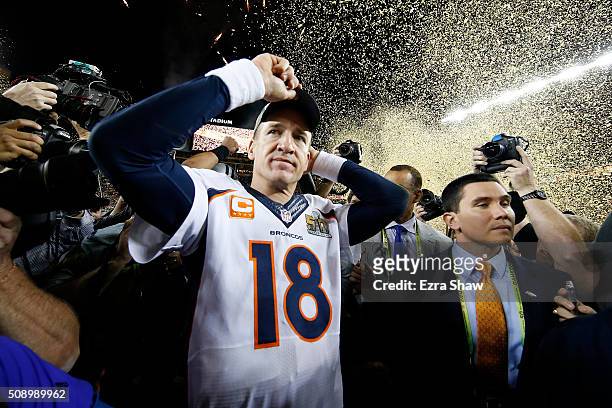 Peyton Manning of the Denver Broncos celebrates after defeating the Carolina Panthers during Super Bowl 50 at Levi's Stadium on February 7, 2016 in...