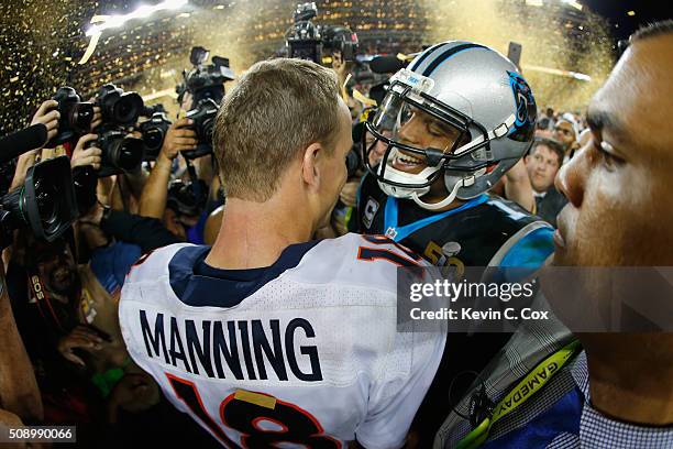 Peyton Manning of the Denver Broncos shakes hands with Cam Newton of the Carolina Panthers after Super Bowl 50 at Levi's Stadium on February 7, 2016...