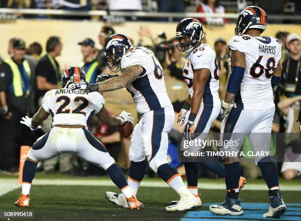 Denver Bronco C. J. Anderson celebrates his touchdown with teammates during Super Bowl 50 at Levi's Stadium in Santa Clara, California February 7,...