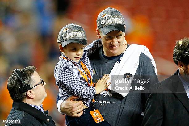Peyton Manning of the Denver Broncos celebrates with his son Marshall Manning after defeating the Carolina Panthers during Super Bowl 50 at Levi's...