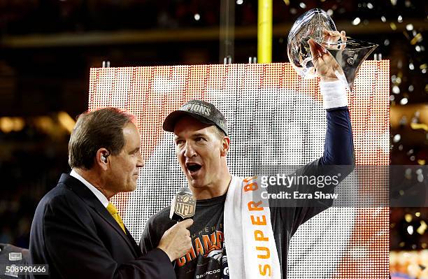 Peyton Manning of the Denver Broncos is interviewed by Jim Nantz after Super Bowl 50 at Levi's Stadium on February 7, 2016 in Santa Clara,...