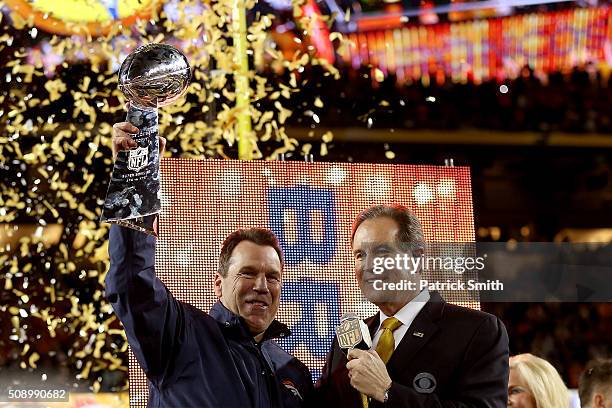 Head coach Gary Kubiak of the Denver Broncos celebrates witht the Vince Lombardi Trophy after Super Bowl 50 at Levi's Stadium on February 7, 2016 in...