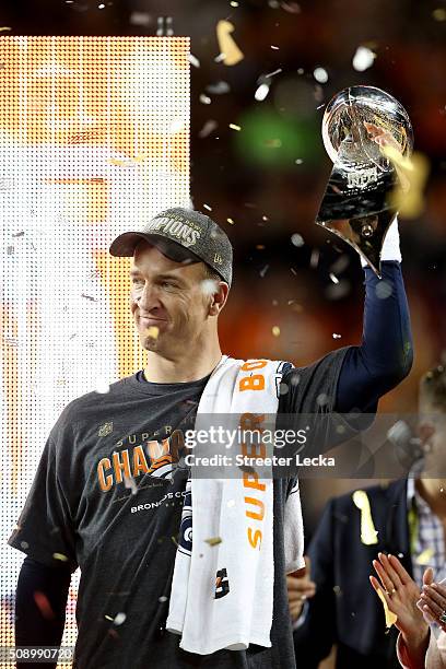 Peyton Manning of the Denver Broncos celebrates with the Vince Lombardi Trophy after winning Super Bowl 50 at Levi's Stadium on February 7, 2016 in...