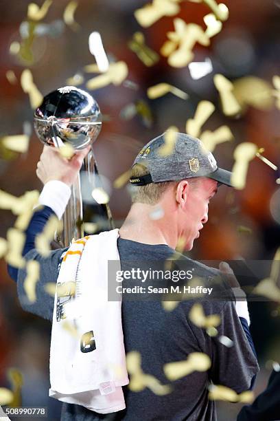 Peyton Manning of the Denver Broncos celebrates with the Vince Lombardi Trophy after winning Super Bowl 50 at Levi's Stadium on February 7, 2016 in...