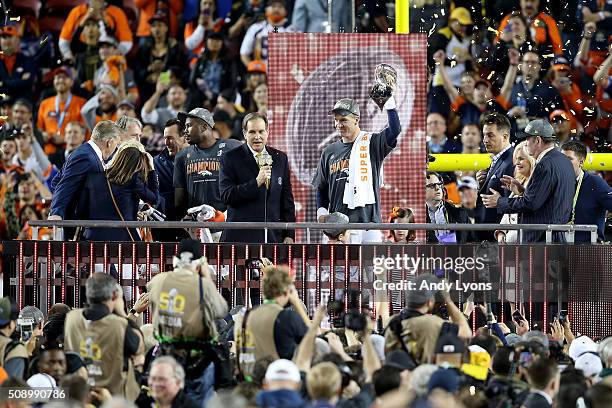 Peyton Manning of the Denver Broncos celebrates with the Vince Lombardi Trophy after winning Super Bowl 50 at Levi's Stadium on February 7, 2016 in...