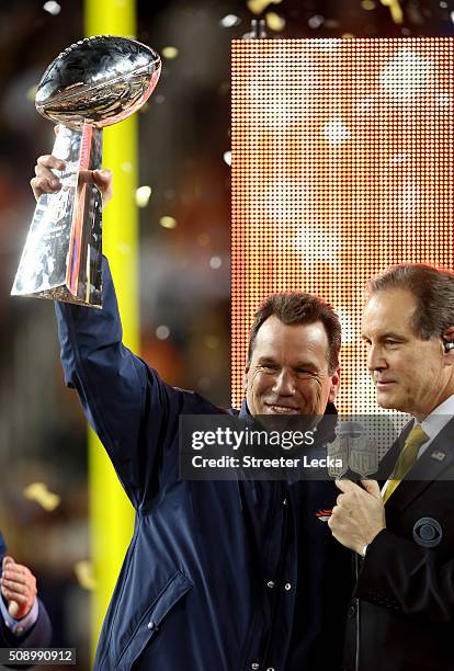 Gary Kubiak of the Denver Broncos celebrates with the Vince Lombardi Trophy after winning Super Bowl 50 at Levi's Stadium on February 7, 2016 in...