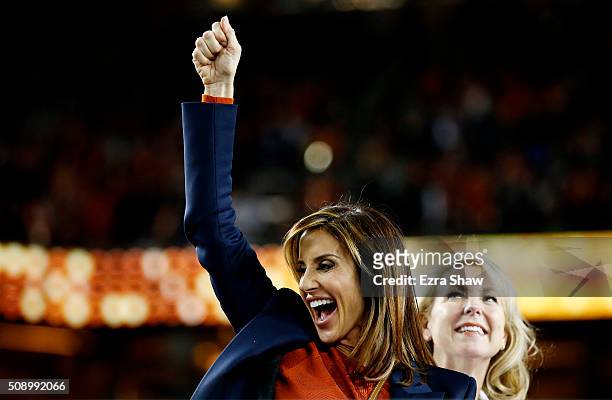 Paige Green, wife of Denver Broncos general manager John Elway, celebrates after defeating the Carolina Panthers during Super Bowl 50 at Levi's...