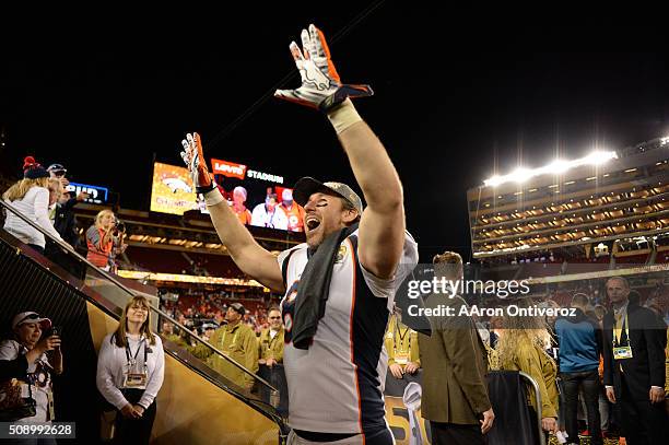 Owen Daniels of the Denver Broncos leaves the field after the broncos win. The Denver Broncos played the Carolina Panthers in Super Bowl 50 at Levi's...