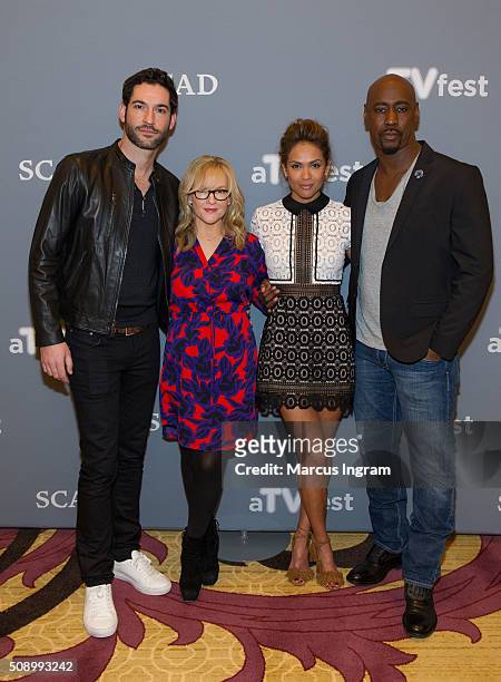 Actor Tom Ellis, actress Rachael Harris, actress Lesley-Ann Brandt, and actor D.B Woodside attend SCAD aTVfest 2016 Day 4 at the Four Seasons Atlanta...