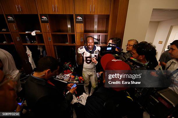 Super Bowl 50 MVP Von Miller of the Denver Broncos speaks to media in the locker room after defeating the Carolina Panthers during Super Bowl 50 at...