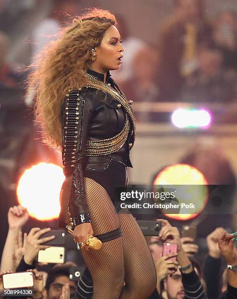 Beyonce performs onstage during the Pepsi Super Bowl 50 Halftime Show at Levi's Stadium on February 7, 2016 in Santa Clara, California.