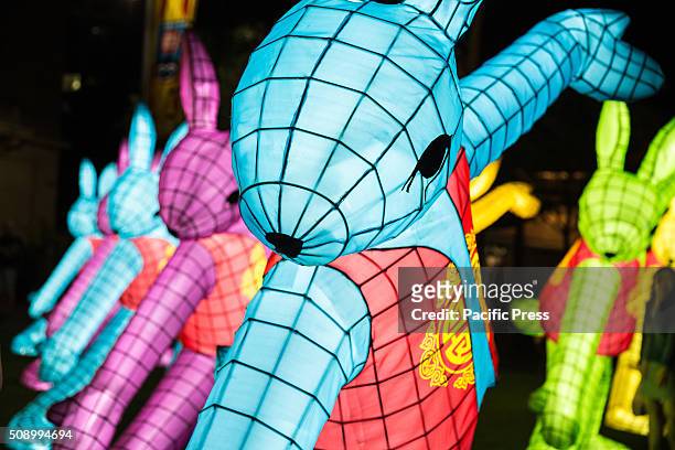 Claudia Chan Shaw's 14 zodiac rabbit lanterns in Tai Chi poses at Customs House Square. Major landmarks across Sydney were lit in red lights, the...