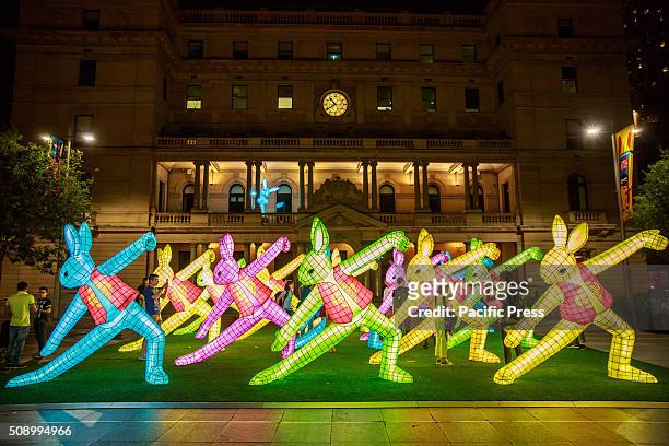 Claudia Chan Shaw's 14 zodiac rabbit lanterns in Tai Chi poses at Customs House Square. Major landmarks across Sydney were lit in red lights, the...