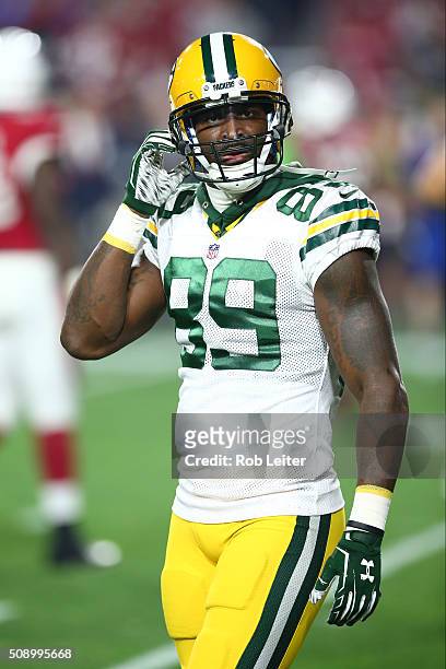 James Jones of the Green Bay Packers looks on during the game against the Arizona Cardinals at University of Phoenix Stadium on January 16, 2016 in...